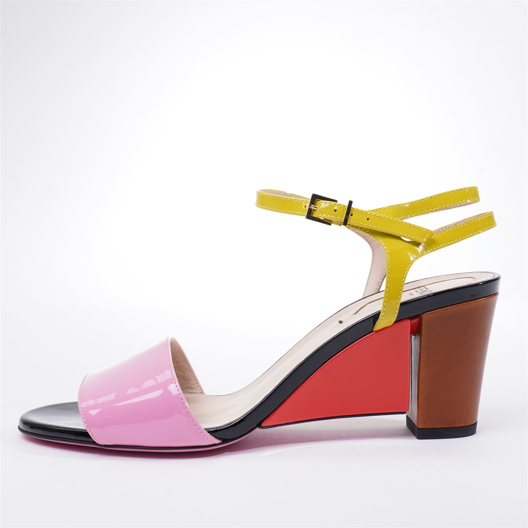 Fendi - pair of heeled sandals, in multicoloured pink, lime green red and brown patent leather, with black soles and block heels, slingback strap with gold-tone buckle fastening, size 37, unused with original dust bags