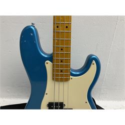Richwood electric bass guitar in blue, cream and natural finish L117cm; in Fender soft carrying case; together with Behringer Thunderbird Bx108 amplifier date code 0 4 11.