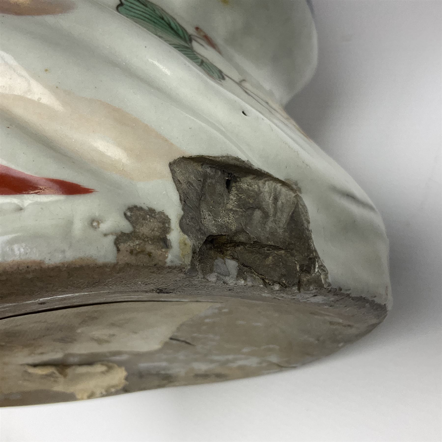 Large Japanese Imari porcelain figure, modelled as a Bijin, wearing a long kimono decorated with apple blossom and leafy branches on a white ground, with gilt detailing, possibly Edo period, H63cm