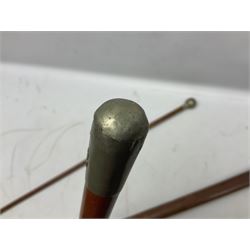 George V 1897 pattern Army Officer's sword by Henry Wilkinson Pall Mall London, the 82.5cm 'London Made' blade etched to both sides with Royal Crests and cyphers etc, pierced half-basket hilt with wire-bound fish skin grip and remains of leather knot strap; in leather covered field service scabbard L101cm overall; and two 14th Prince of Wales Own swagger sticks (3)