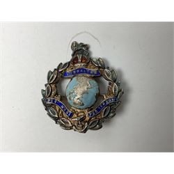 Five silver sweetheart brooches - Royal Artillery with marcasite, Naval with marcasite, George VI Royal Engineers with tortoiseshell, Royal Marines Gibraltar with enamel and South African General Service with blue enamel (5)