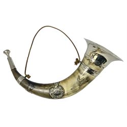 Silver-plate mounted hunting horn, made for the Yorkshire Foresters, L37cm