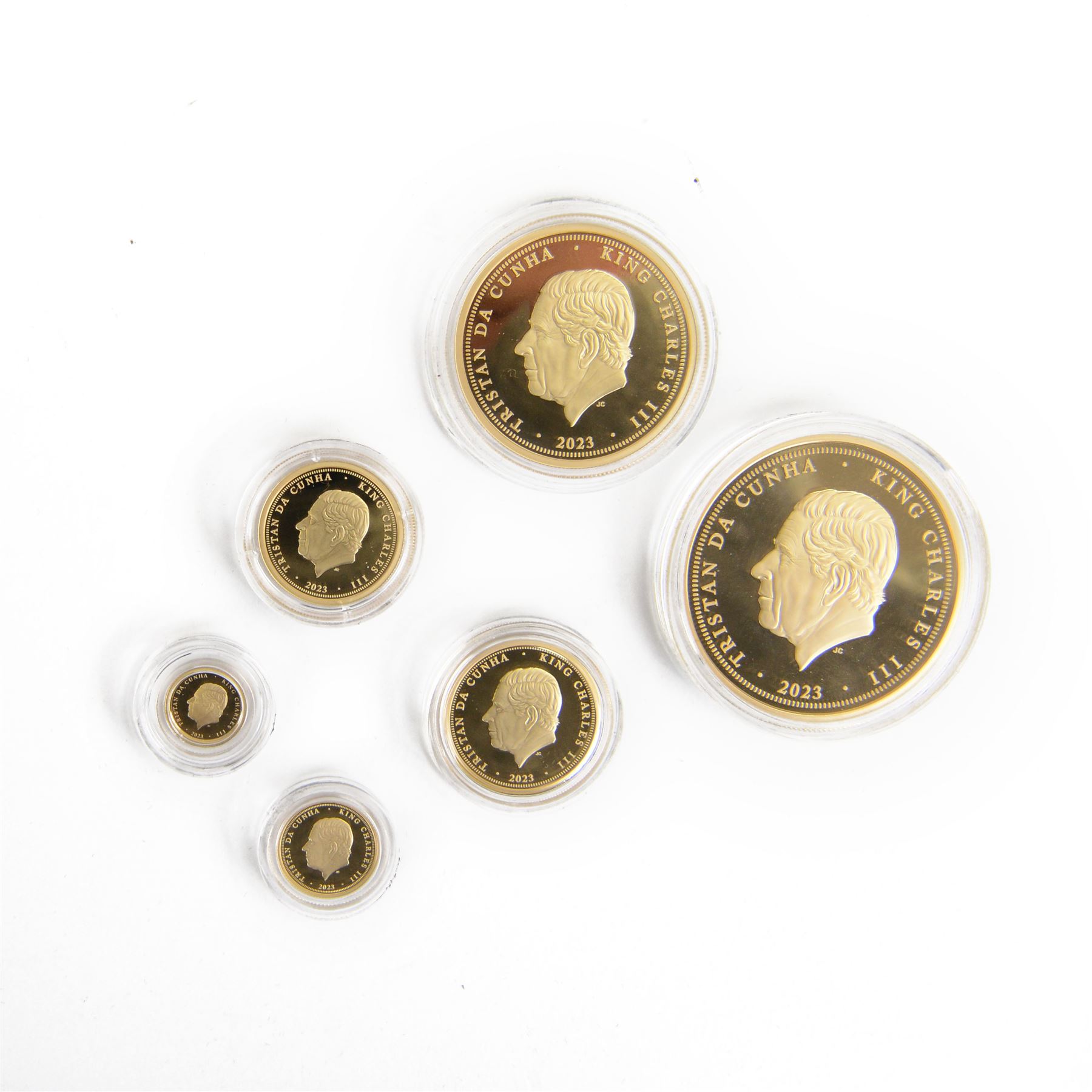 King Charles III Tristan da Cunha 2023 'Lord Nelson Tribute Proof Sovereign Definitive Set', comprising gold five pound to one eighth sovereign coins, in Hattons of London case