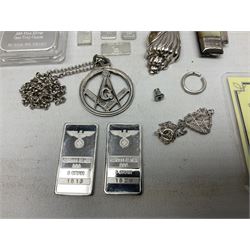 Silver mother of pearl handled fruit knife, silver jewellery including masonic pendant necklace, shell pendant, coin ring, Claddagh ring and charms etc, and a collection of ingots