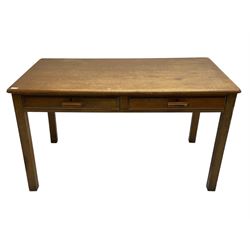 Mid-20th century oak and beech desk, rectangular top over two drawers, on square supports