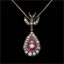 Gold and gold-plated diamond and ruby pendant necklace, the pear shaped pendant, milgrain set with round brilliant cut and single cut diamonds and calibre cut rubies, suspending from a ruby and diamond swallow bail, on a silver-gilt chain, total ruby weight 0.35 carat, total diamond weight 0.60 carat, with World Gemological Institute Report 