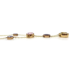 Ceylon sapphire, pink tourmaline and aquamarine gold necklace, stamped 9c   