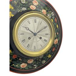 Honore Pons of Paris -  A good and early 19th century Tole Ware wall clock c1830, with a later re-decorated case suspended from a circular brass hanger, cast brass dial bezel and silvered engine turned dial with roman numerals, minute track and steel moon hands, 8-day twin train countwheel striking movement with a silk suspension, striking the hours and half hours on a bell. With pendulum and key.
