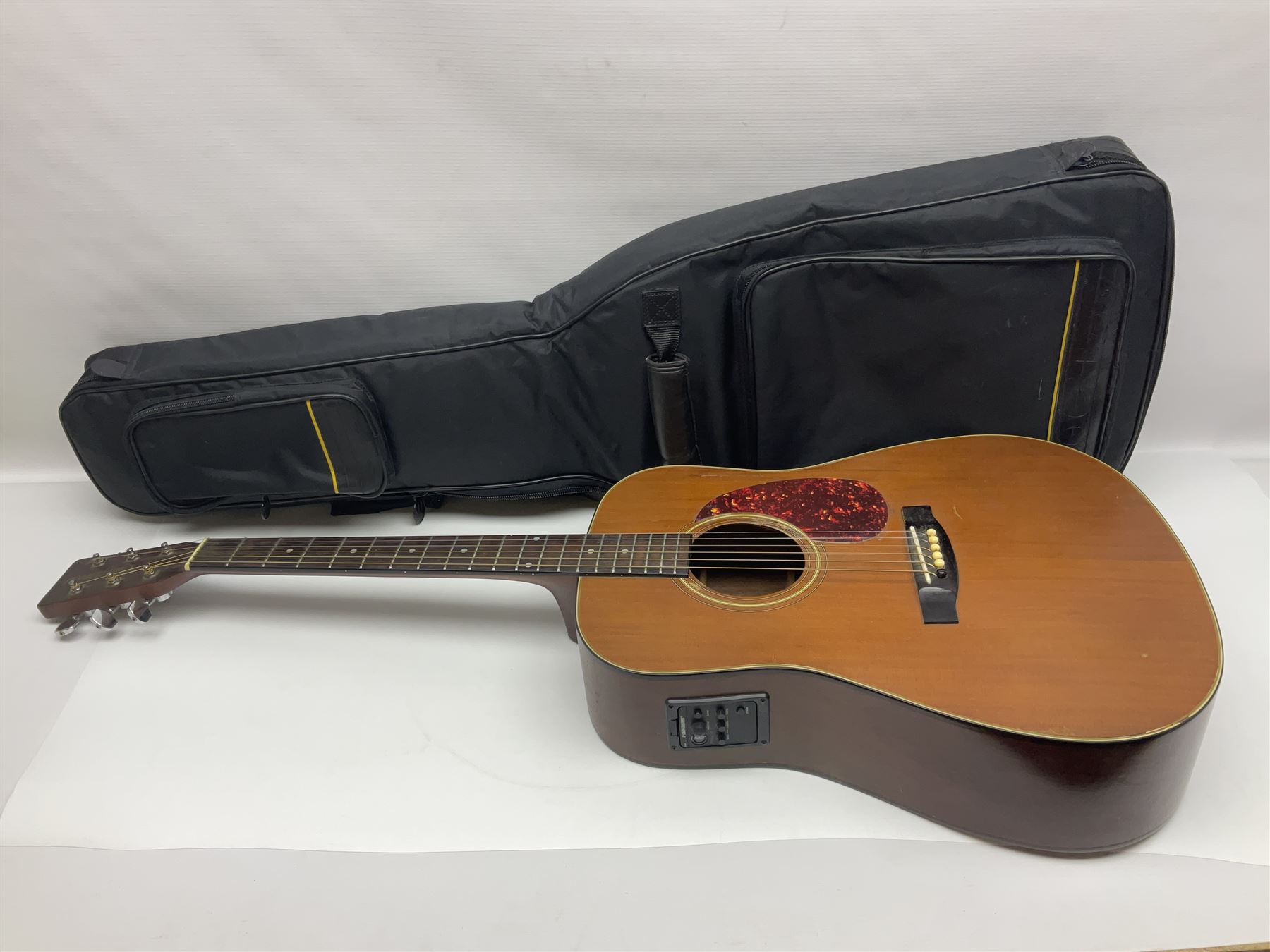 Tanglewood semi-acoustic guitar with Fishman preamp, mahogany back and solid cedar top L103cm; and a Rockbag electric guitar soft carrying case (2)