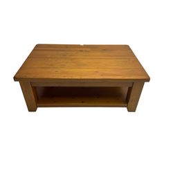 Rustic pine coffee table, rectangular plank top over undertier (120cm x 80cm x 46cm); and matching nest of two tables (60cm x 50cm x 64cm)
