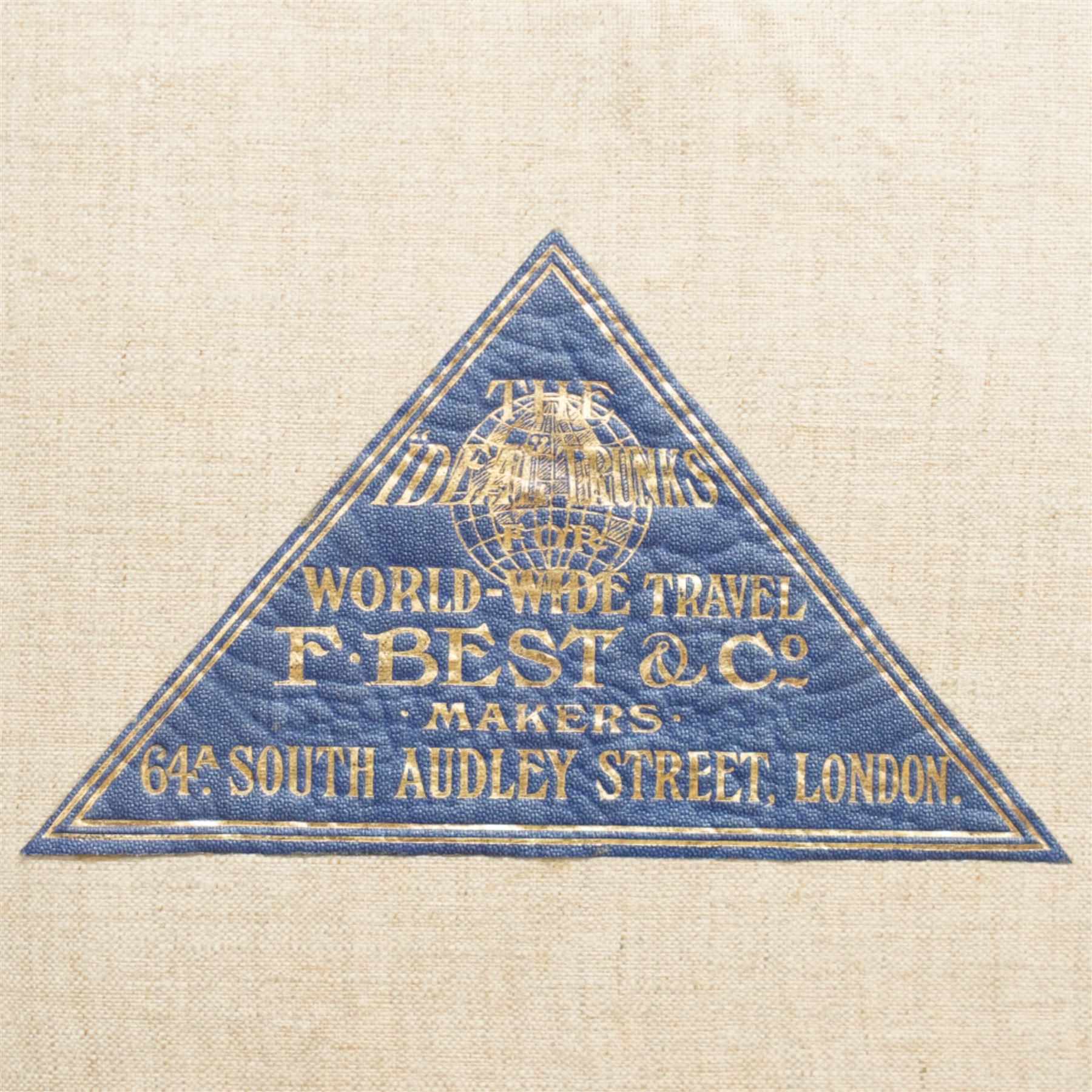 Two late 19th/early 20th century leather travelling 'Ideal' trunks, each stamped and engraved to brass locks F. Best & Co, various travel labels to include the Grand Hotel Naples, Grand Hotel Bellevue, Excelsior Palace Palermo, Waterloo etc, larger suitcase W93cm H32cm D58cm