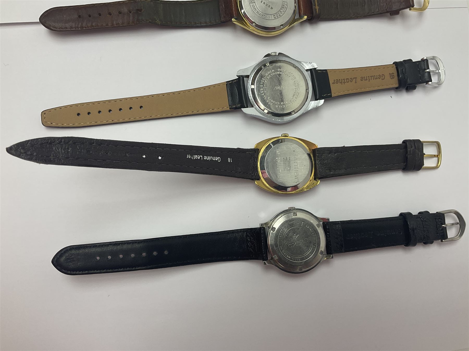 Three automatic wristwatches including Seiko, Debert chronograph and Swiss Emperor and four manual wind wristwatches including Chronograph Swiss, Interpol, Mithras chronograph and Oris