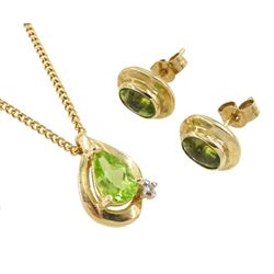 Pair of gold oval peridot stud earrings and a pear shaped peridot and diamond pendant necklace, all 9ct