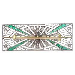 Art Deco platinum diamond, emerald and pearl brooch, the single stone pearl surrounded by old cut diamonds and calibre cut emeralds in an openwork setting