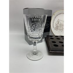 Collectables relating to the Methodist Church, including plates, goblet and mugs commemorating the 250th anniversary of the church, together with two wooden communion cup holders, etc