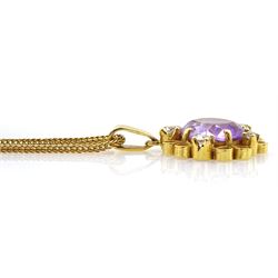 Gold round amethyst and old cut diamond openwork pendant, on gold spiga link necklace