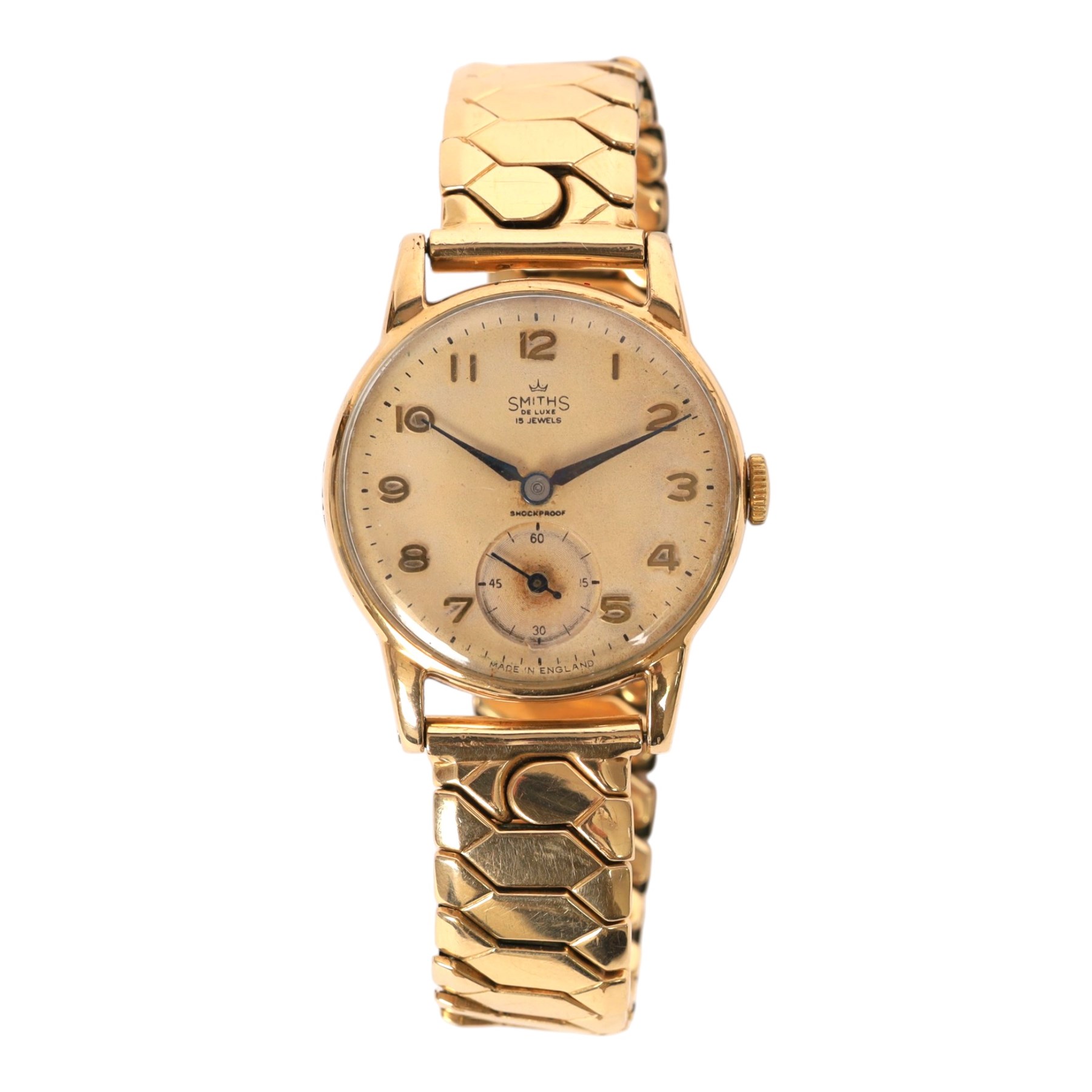 Smiths De Luxe gentleman's 9ct gold manual wind presentation wristwatch, Birmingham 1959, the back case engraved 'B.R London Midland Region W. Roe in appreciation of 45 years service', on expanding gilt strap