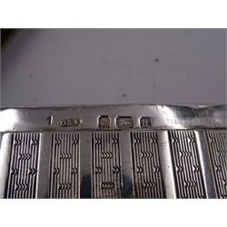 Edwardian silver card case, of rectangular form with shaped outer edge and engine turned linear decoration to body, with central monogrammed circular cartouche, H9.2cm, hallmarked Deakin & Francis Ltd, Birmingham 1903, together with a 1920s silver jewellery box, of plain oval drum form, engraved 'May' to hinged cover, opening to reveal part silk lined interior, upon four pad feet, H4.5cm, hallmarked J & R Griffin Ltd, Chester 1922 and a 1930s silver box, of circular form, engraved with monogram to hinged cover, hallmarked Barker Brothers Silver Ltd, Birmingham 1932