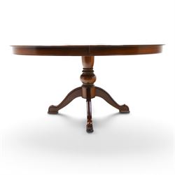 Barker & Stonehouse - cherrywood oval extending dining table and four upholstered chairs, the table with additional leaf extended to cm, raised on a turned column above swept supports, the chairs with brown upholstery and multi-coloured geometric design