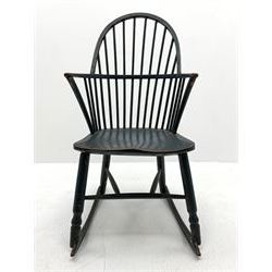 Early 19th century painted elm and oak high comb back Windsor rocking armchair, hoop and straight spindle back and arched arm supports, dished seat on turned supports joined by curved front stretcher and rockers, seat height - 45cm, H104cm
