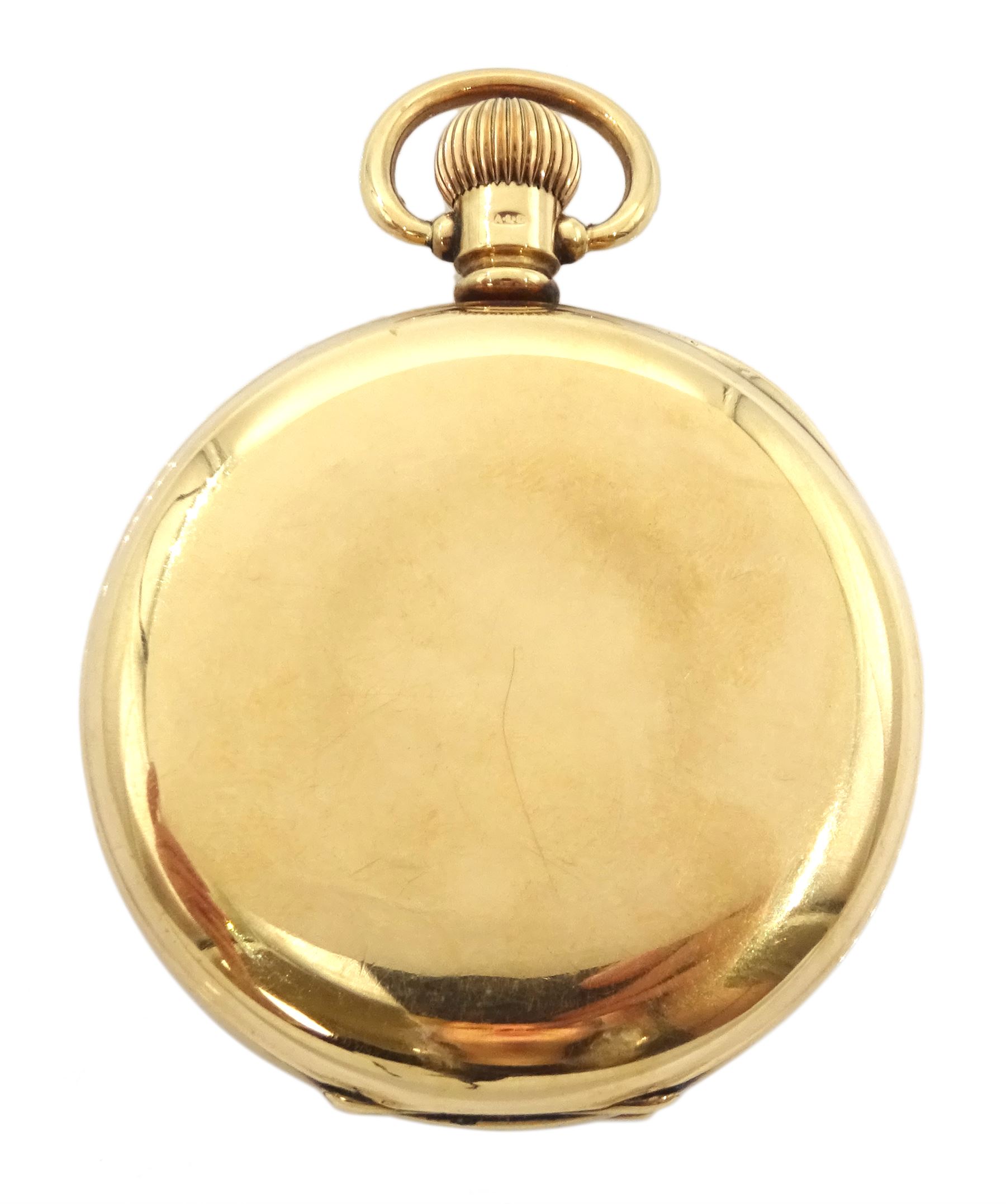 Early 20th century 9ct gold open face, keyless 'Traveler' lever pocket watch by American Watch Company, Waltham, No. 17878530, white enamel dial with Roman numerals and subsidiary seconds dial, case by Dennison, Birmingham 1912