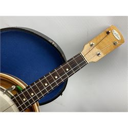 Dick Barrie banjolele with segmented mahogany back, simulated ivory and bone mounts L56cm; in hard carrying case