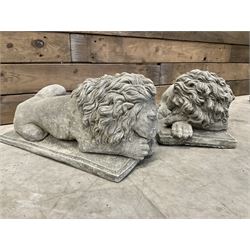 Pair of small recumbent garden lions