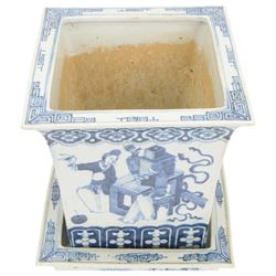 19th century Chinese blue and white planter and stand, each of square slightly tapering and flared form, the planter decorated with figures and precious objects between stylised foliate borders, the stand decorated with landscapes beneath a lipped rim with cell band, planter H28cm D25.5cm, stand H7cm D26cm