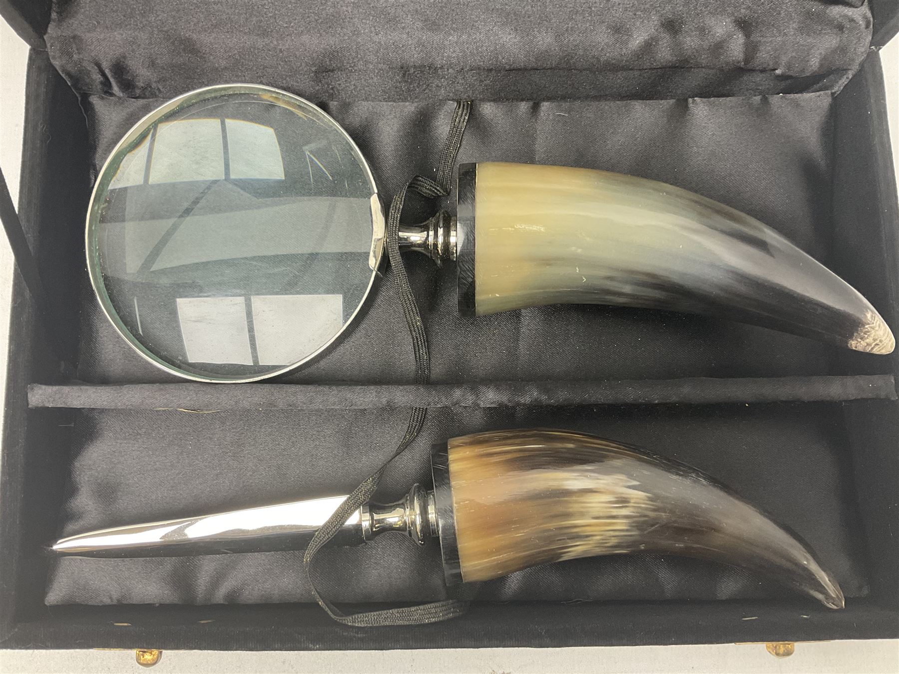 Horn handled magnifying glass and letter opener cased set, replica Scrimshaw in the form of a tusk titled The Ship Charles W Morgan New Bedford and pair of binoculars