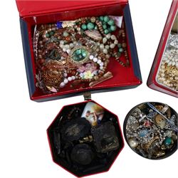 Collection of costume jewellery, including earrings, beaded necklaces brooches, etc, in various vintage tins