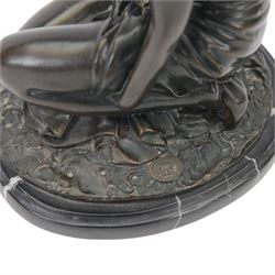 Art Deco style bronze study of a kneeling semi-nude female, after  Amadeo Gennarelli with signature to base, upon a black marble effect plinth, H23cm