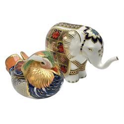 Two Royal Crown Derby paperweights, Imari Elephant, trunk raised with gold stopper and Mandarin Duck with silver stopper, both with printed mark beneath, elephant H10cm