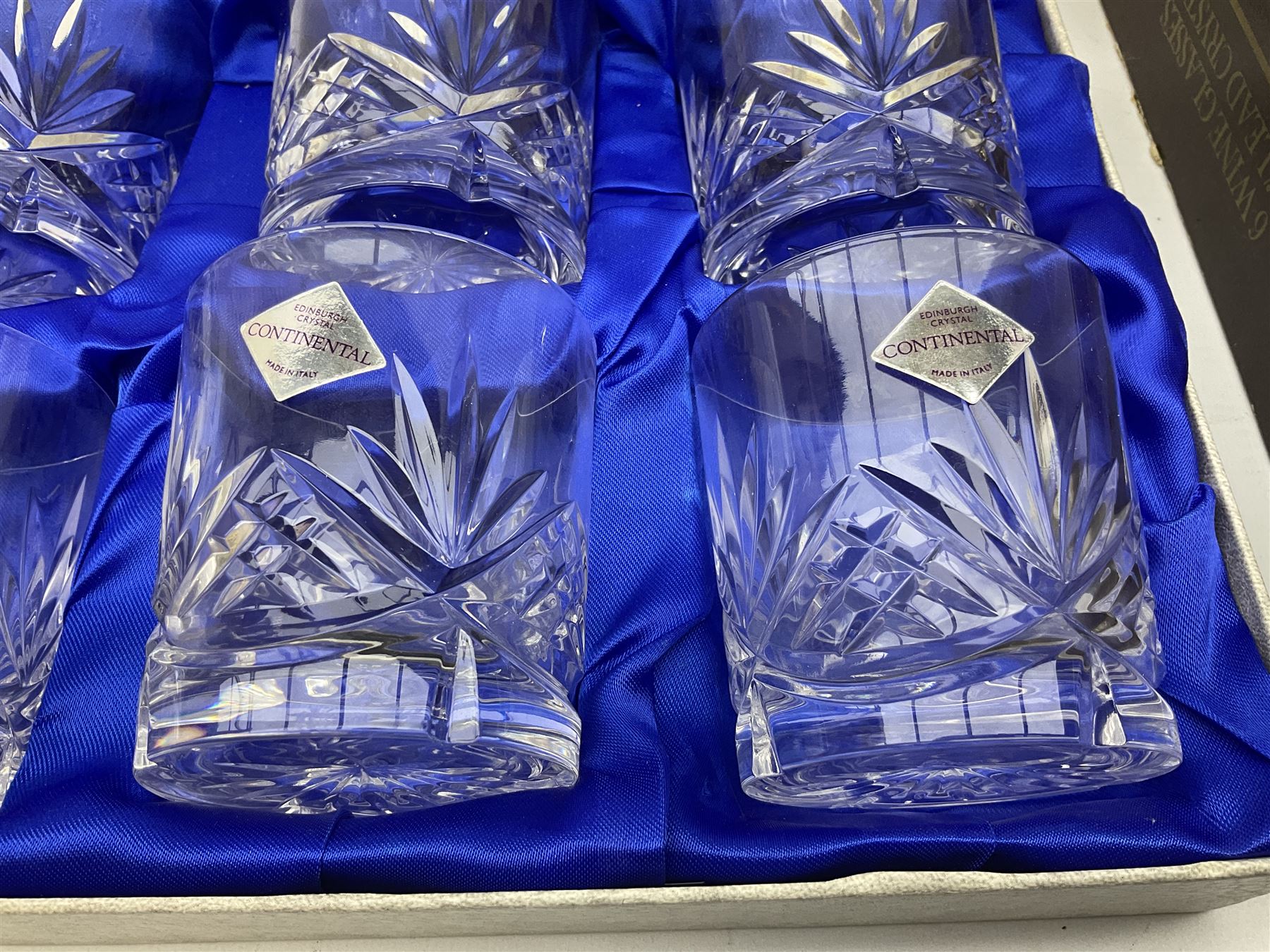 Set of six Edinburgh Crystal 'Continental' glass tumblers with original box, along with three boxed pairs of matching wine glasses and further boxed set of Cathedral Crystal glasses