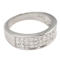 18ct white gold three row pave set, princess cut diamond ring, hallmarked, diamond total weight approx 1.10 carat