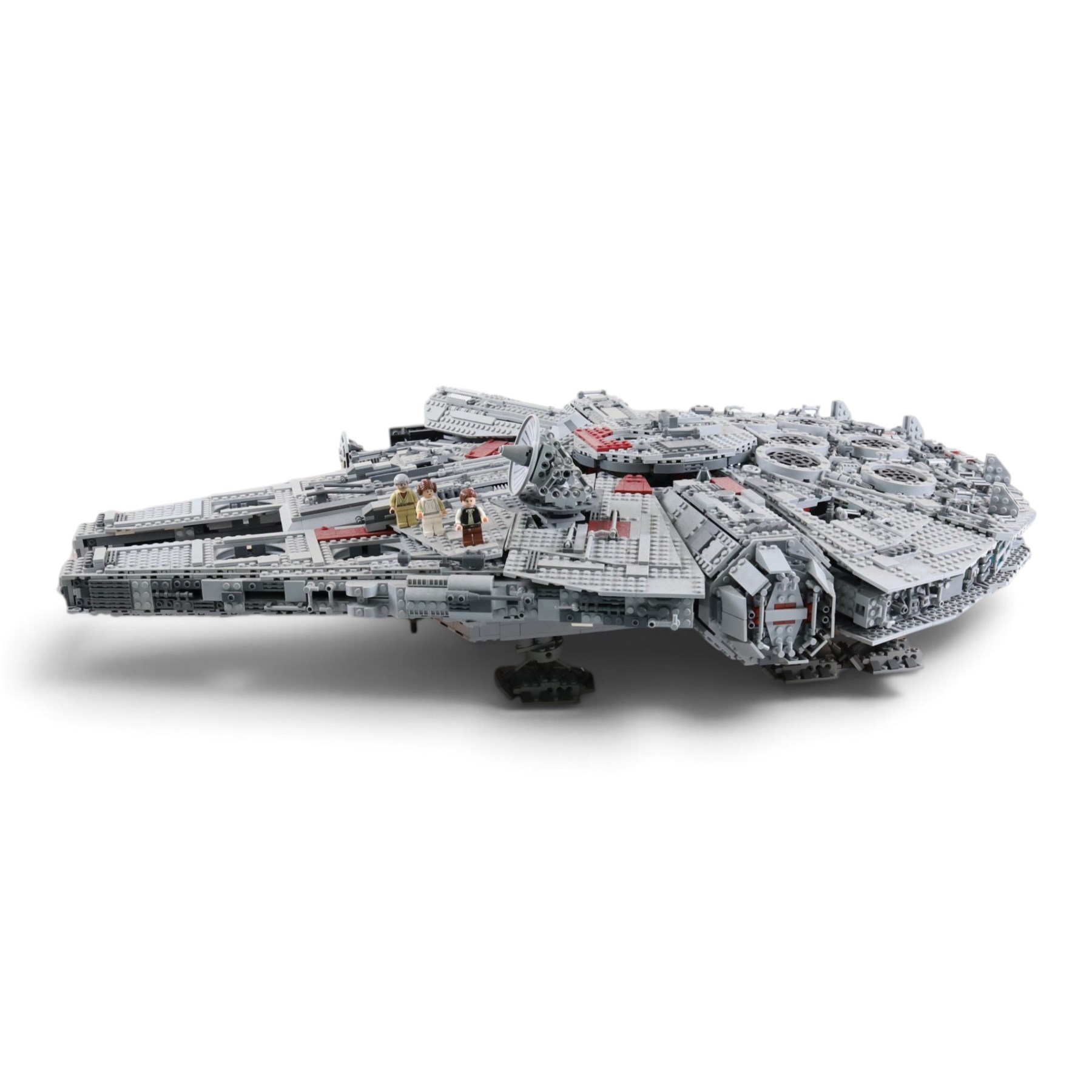 Three Lepin Star Wnrs built models, comprising Red Five X-Wing Starfighter no. 05039, Millennium Falcon no. 05132 and Super Star Destroyer no. 05028