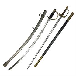  Reproduction American Civil War Cavalry trooper's sword, the 88cm slightly curving fullered steel blade marked to the ricasso 'Ames & Co Chicopee Mass.' and 'US ADK 1862'; brass hilt and leather covered grip; in steel scabbard; and Indian reproduction 19th century French court sword (2)