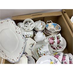 Quantity of tea wares and ceramics to include Heathcote & Sons, Royal Crown Derby Posies, Royal Albert Old Country Roses, etc, together with a quantity of commemorative mugs etc, in four boxes