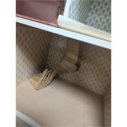 Two storey modern dolls house, with a collection of dolls house furniture and accessories, dolls house H66cm