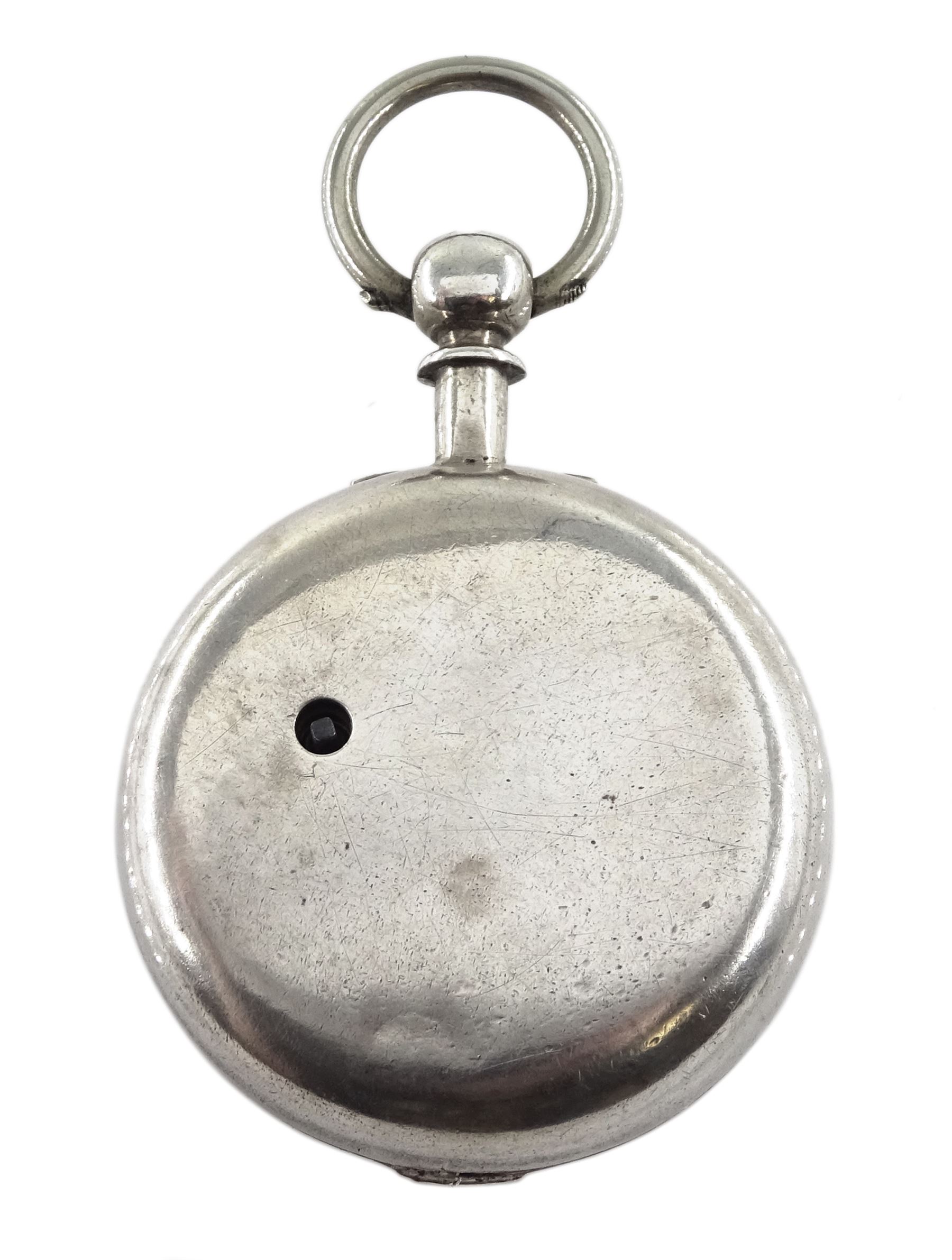 Victorian silver pair cased English lever fusee pocket watch by John Bryson & Son, Dalkeith, No. 38736, round pillars, engraved balance cock with diamond endstone, white enamel dial with Roman numerals and subsidiary seconds dial, case by Philip Woodman & Sons, London 1866