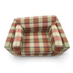 Meridian - snuggle armchair or loveseat, of traditional squared shape, upholstered in tartan fabric with loose cushions, on rectangular feet