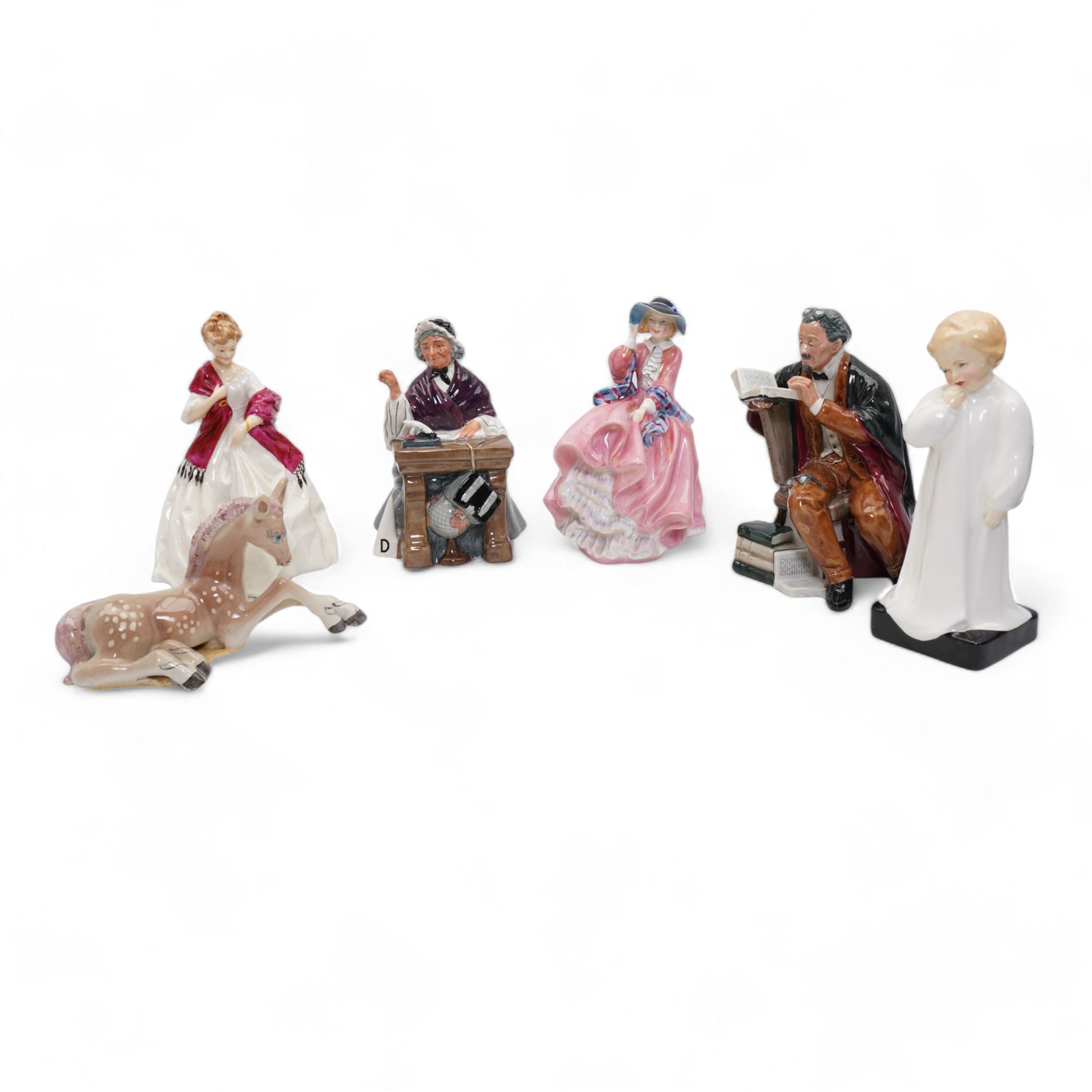 Four Royal Doulton figures comprising 'The Professor' HN2281, 'Schoolmarm' HN2223, 'Darling' HN1319 and 'Top o' the Hill' HN1849, together with a Royal Worcester figure and a model of a foal by Basil Matthews (6)