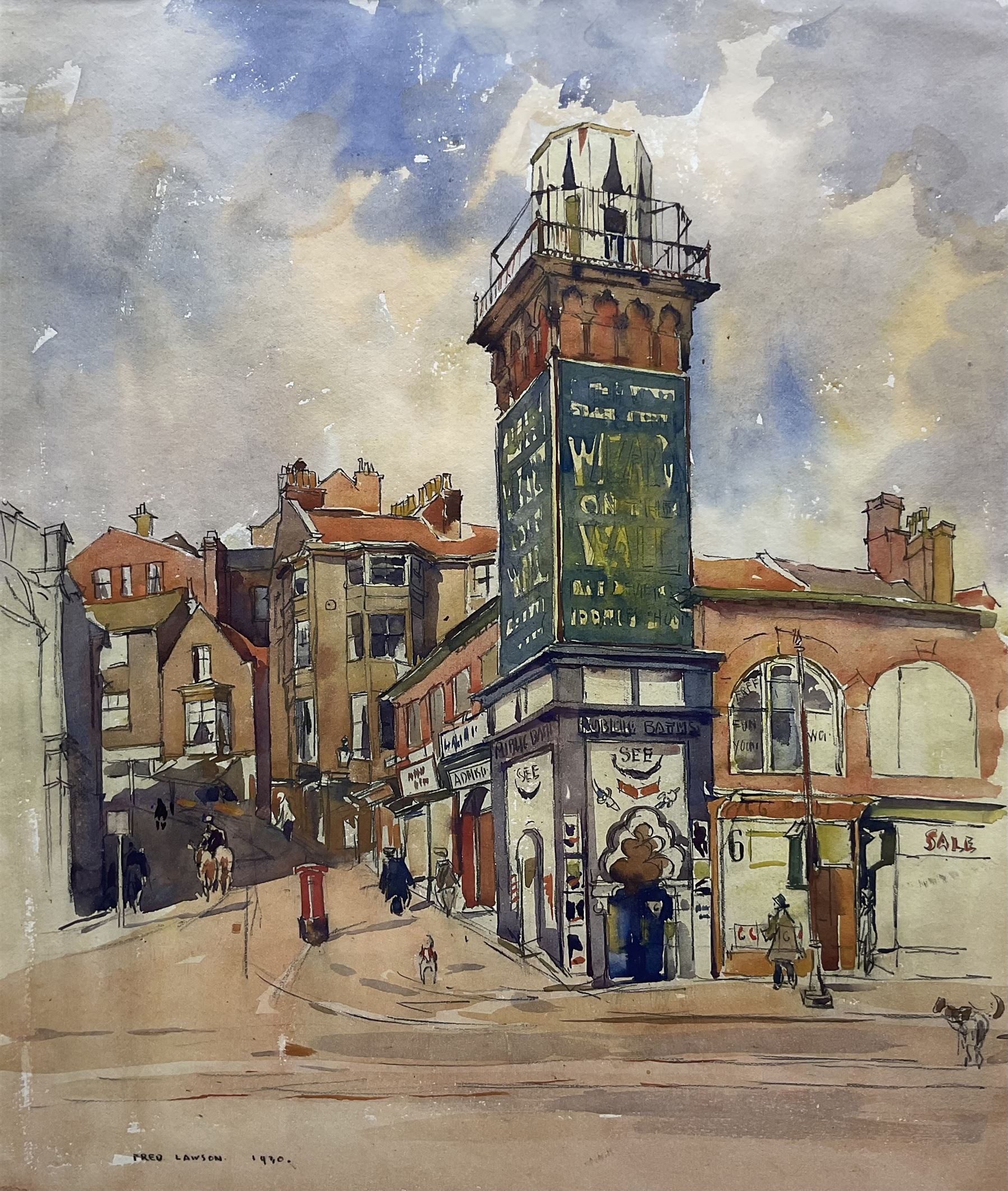 Fred Lawson (British 1888-1968): 'Wizard on the Wall' - Bland's Cliff Scarborough, watercolour and pencil signed and dated 1930, 37cm x 31cm