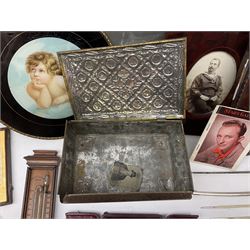 Group of assorted collectables, to include late 19th/early 20th century revolving album, 18th century pewter charger, various framed and unframed pictures and prints, gilt frame, etc., in one box 