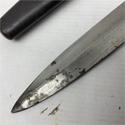 British Pattern 1888 knife bayonet, the 30.5cm double edged blade with raised central medial ridge; in leather covered scabbard L40.5cm overall