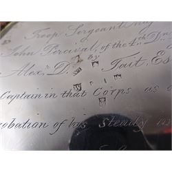 George III Irish silver teapot, of squat circular form, the body with repousse and chased floral and C scroll decoration, with capped C handle and ivory insulators, engraved to base 'Presented to Troop Sergeant Major John Percival, of the 4th Dragoon Guards by Alex D. Tait, Esq, late Captain in that corps as a mark of approbation of his steady and upright conduct when Sergeant Major of his Troop, Dublin, June 2nd 1843', hallmarked William Law, Dublin 1817, H12.5cm, This item has been registered for sale under Section 10 of the APHA Ivory Act