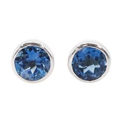 Pair of 9ct white gold round London blue topaz stud earrings, hallmarked, total topaz weight approx 3.10 carat