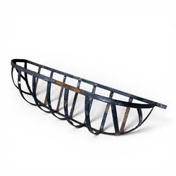 Pair of two tiered flower baskets, two hay racks, hanging basket, two boxes of plant pots and a square stone planter