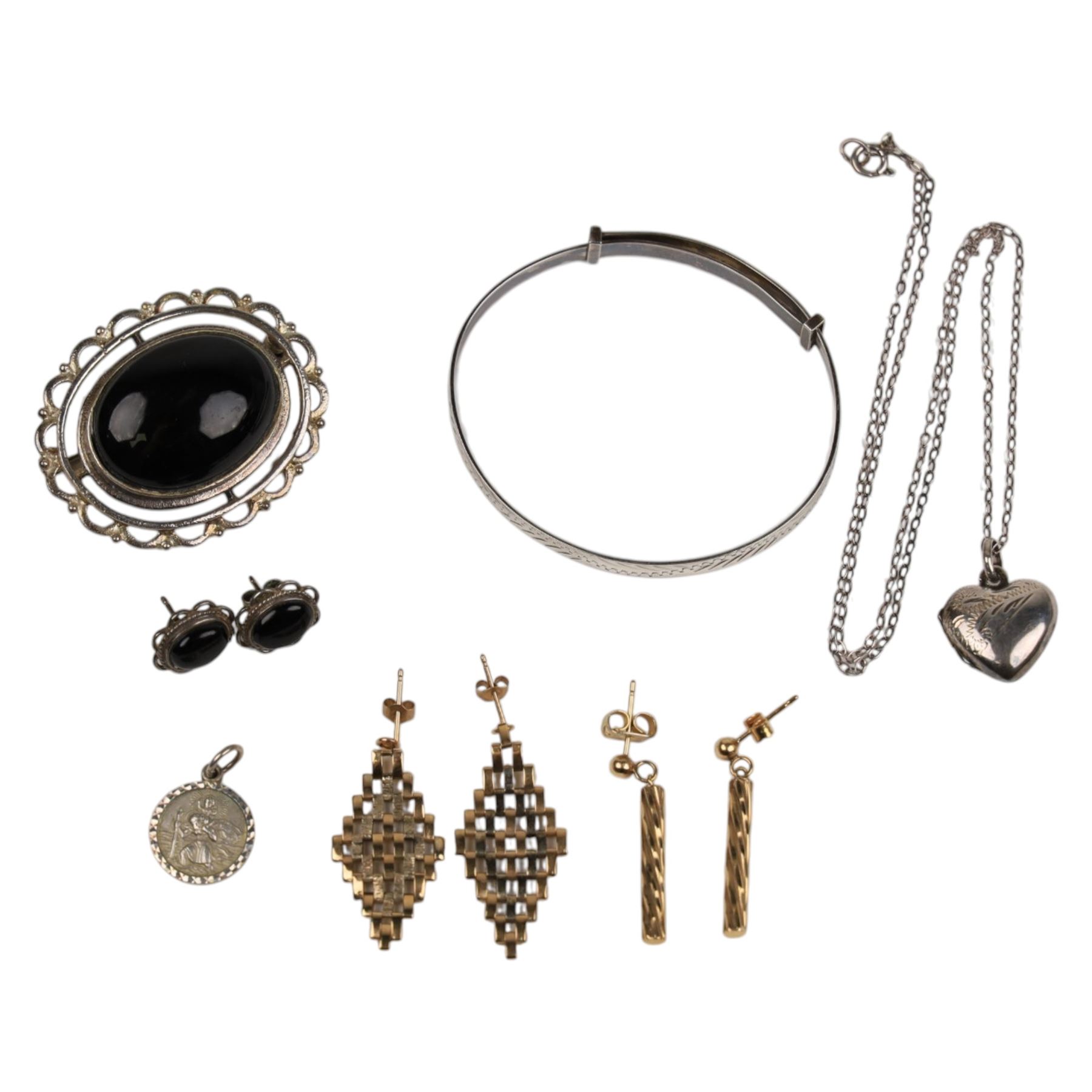 Two pairs of 9ct gold earrings and silver jewellery including jet brooch and earrings, heart pendant, St Christopher's and a bangle