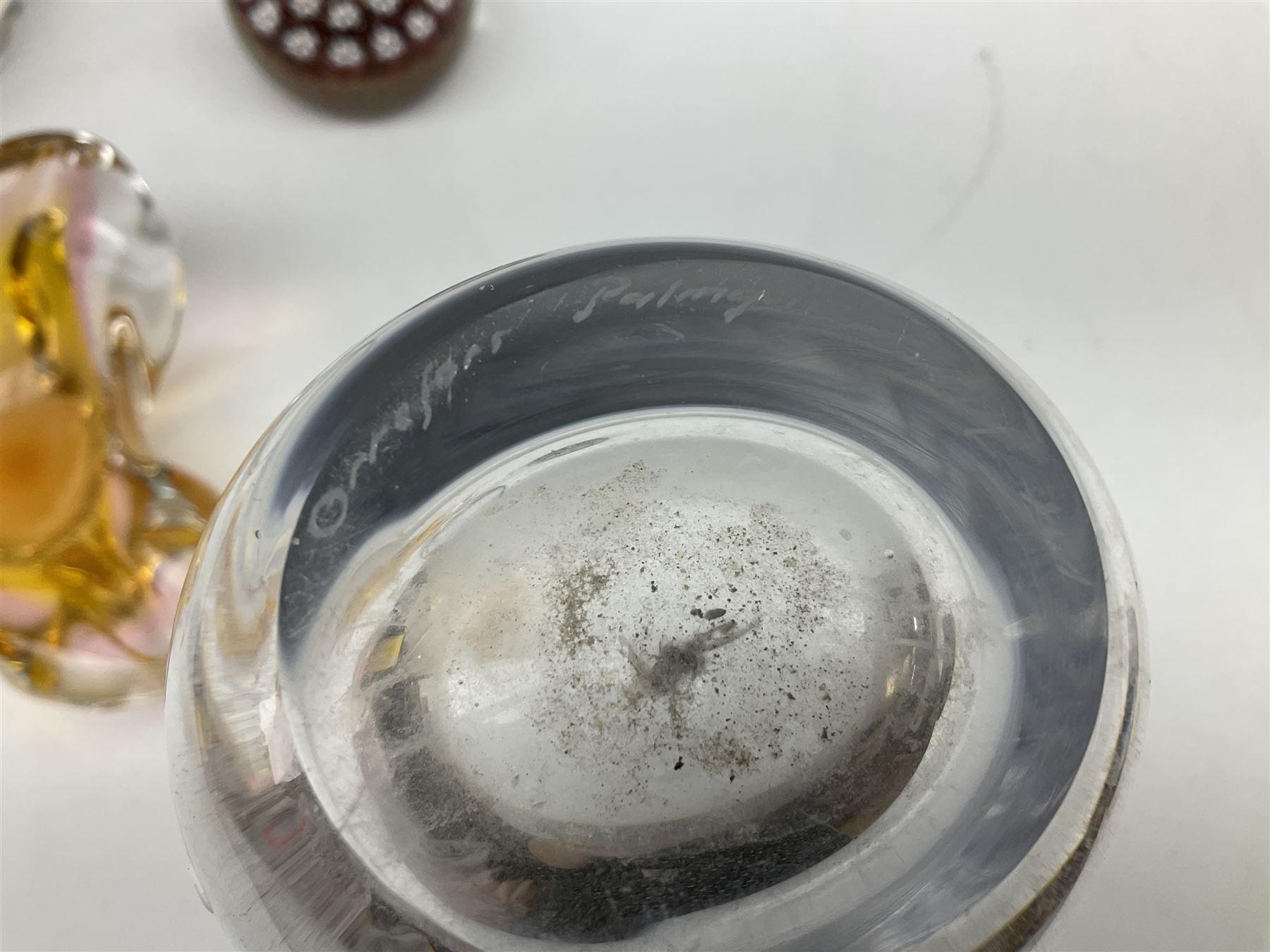 Vicke Lindstrand for Kosta glass vase of flattened ovoid form, the body with deep purple band from rim to rim, signed LH 1242 beneath, together with Orrefors glass vase, engraved with female figure with birds, signed beneath, art glass bowl and paperweight (4) tallest H23.5cm