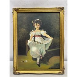 After Edgar Degas (French 1834-1917): Little Girl Carrying Flowers, oil on canvas reproduction signed 'Daniel' 39cm x 29cm